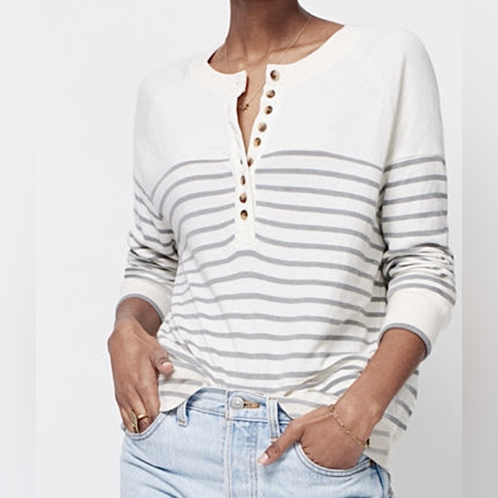 Faherty Top Women‎ Small S White Gray Stripe Shirt 1/2 Button Long Sleeve Beach